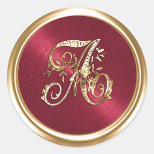 All Letters Red Gold Ornate Monogram Classic Round Sticker