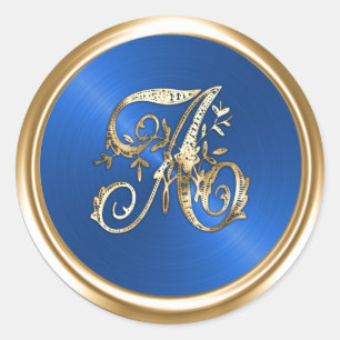 All Letters Royal Blue Gold Ornate Monogram  Classic Round Sticker