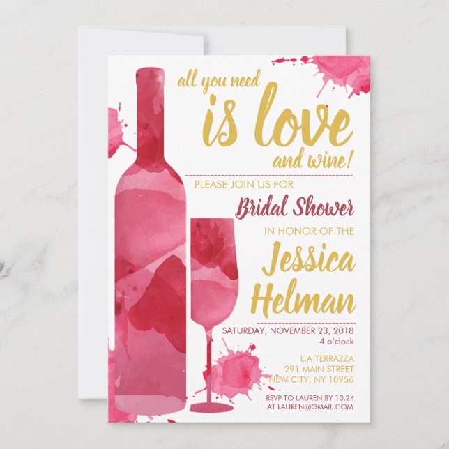 All Love Wine Plash Watercolor Bridal Shower Invitation (Front)