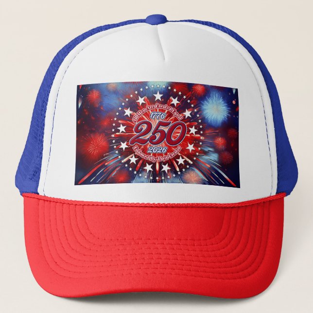  All Men Are Created Graphic Fireworks Burst Trucker Hat (Front)