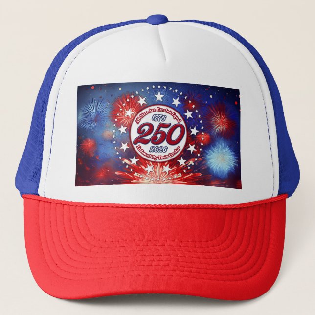  All Men Are Created Graphic Fireworks Burst White Trucker Hat (Front)