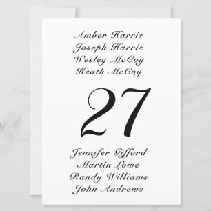 All Names Table Number Card Double Sided White