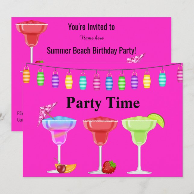 ALL OCCASION BEACH COCKTAIL PARTY FLURO PINK INVITATION (Front/Back)