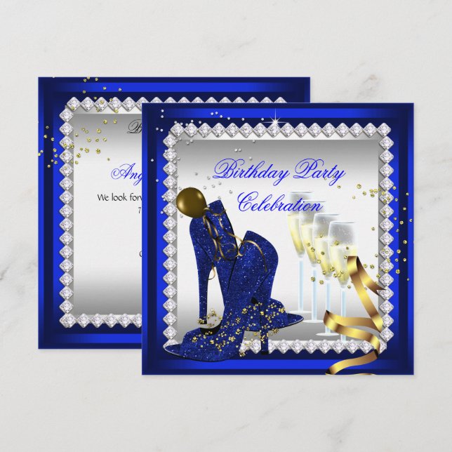 All Occasion Champagne Royal Blue Heels Gold Party Invitation (Front/Back)