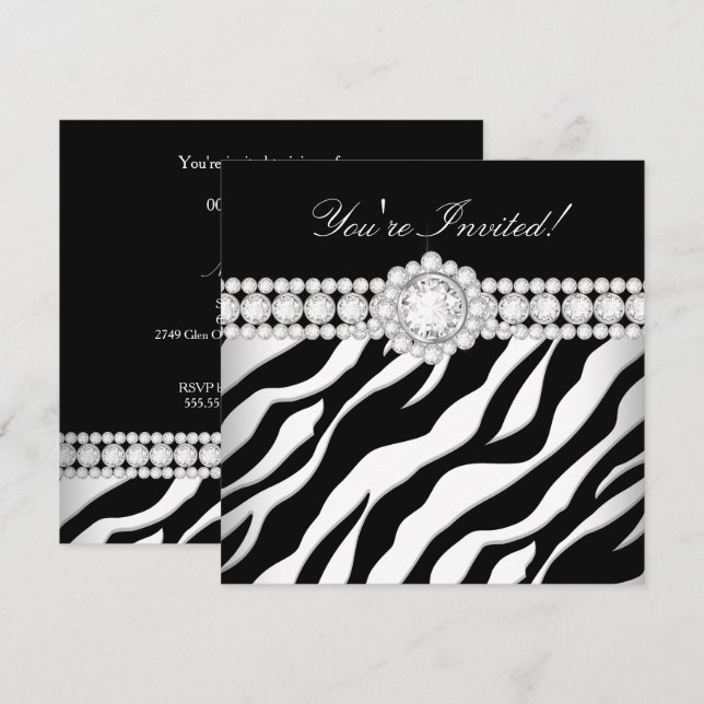 All Occasion Diamond Trim Black White Zebra Party Invitation (Front/Back)