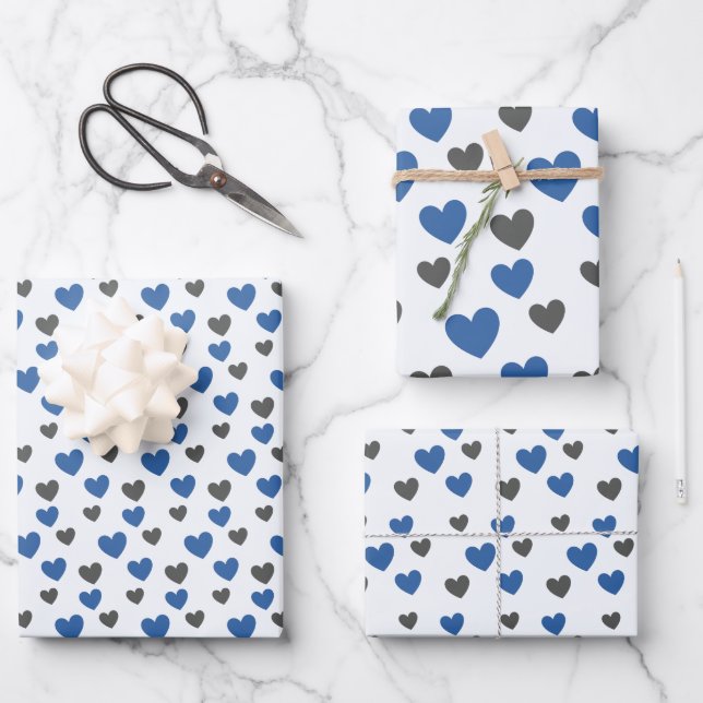 All-Occasion Elegant Blue and Grey Gliding Hearts Wrapping Paper Sheet (Front)