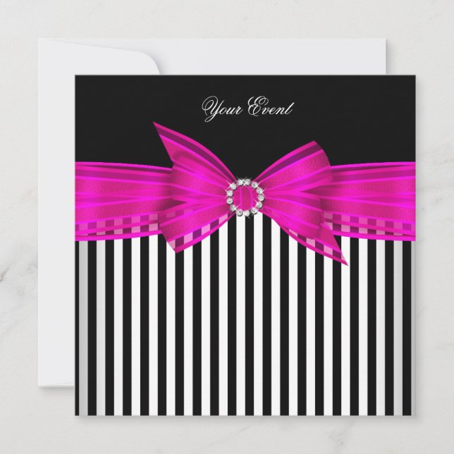 All Occasion Hot Pink Black White Stripe Party Invitation (Front)