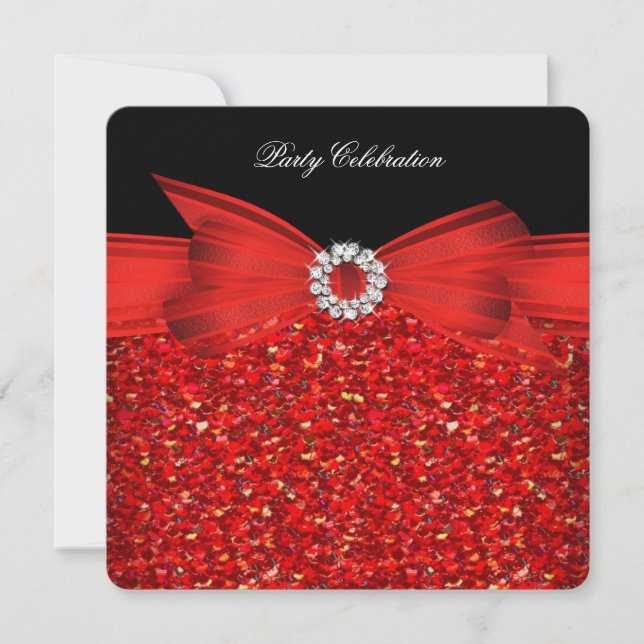 All Occasion Luxury Glitter Red Bow Black Party Invitation (Front)