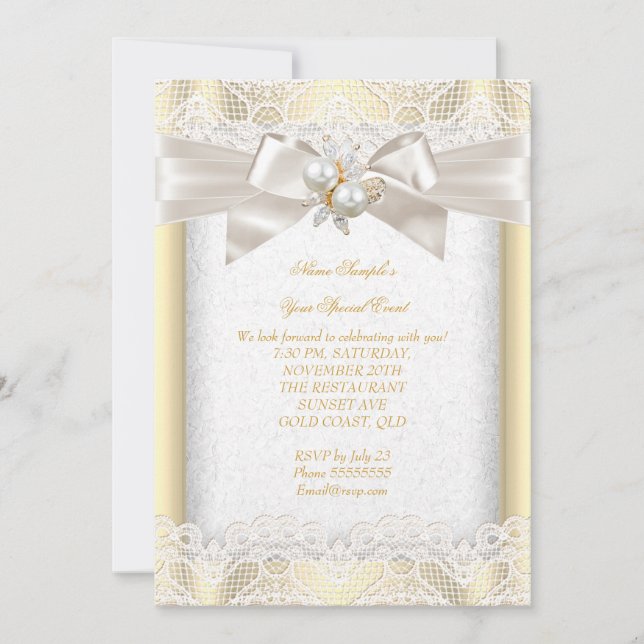 All Occasion Party Elegant Pearl Jewel Cream Lace Invitation (Front)