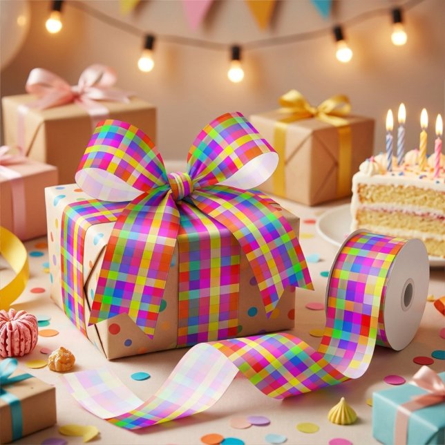 All Occasion Vivid Colourful Chequered Pattern Satin Ribbon (vibrant colorful ribbon for birthday gifts wrapping)