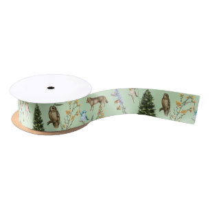 All Occasion Woodland Animals Plants Sage Green Satin Ribbon