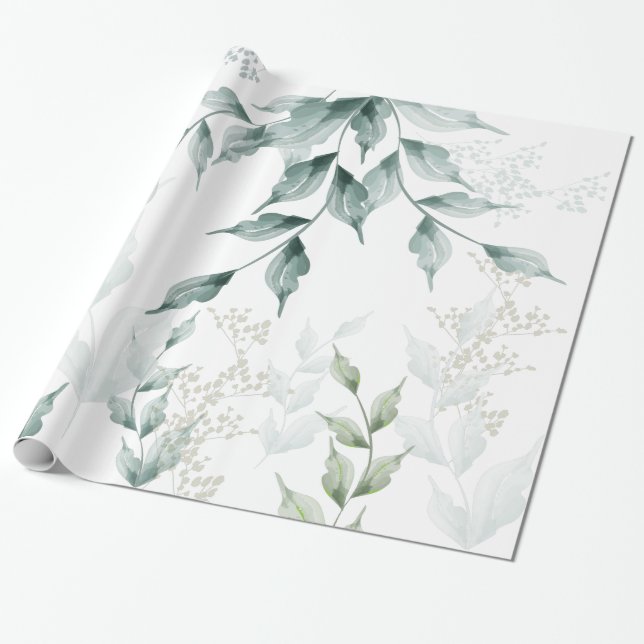 All Occasion Wrapping  Greyed Jade Green Botanical Wrapping Paper (Unrolled)