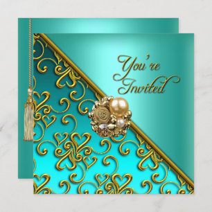 All Occasions Party Elegant Aqua Teal Blue Gold Invitation