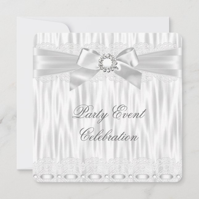 All Occasions Silver White Lace Bow Elegant Party Invitation (Front)