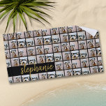 All Over 6 Photo Collage Black & Gold Script Name Beach Towel<br><div class="desc">Add 6 photos and it will be duplicated all over the entire beach towel. A modern black bar with calligraphy adds a modern twist to the photo grid. Use up to six square or selfie phone photos to create a unique and personal gift. For best results, crop your photos into...</div>