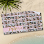 All Over 6 Photo Collage Pink & Gold Script Name Beach Towel<br><div class="desc">Add 6 photos and it will be duplicated all over the entire beach towel. A modern blush pink bar with calligraphy adds a modern twist to the photo grid. Use up to six square or selfie phone photos to create a unique and personal gift. For best results, crop your photos...</div>