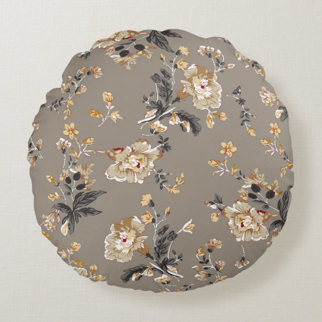 All over flowers pattern on brown backgroundflower round cushion (Front)