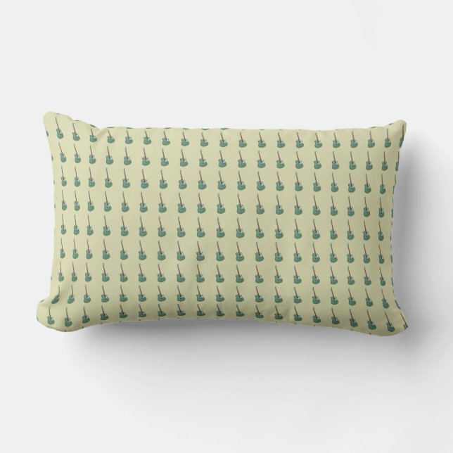 All-over guitar print on pale pastel green lumbar cushion (Front)