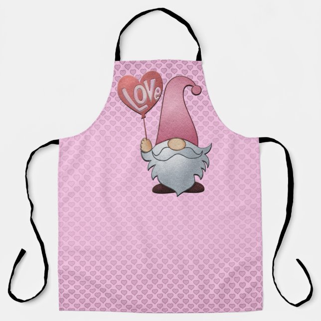 All-Over Pink on Pink Hearts Gnome Kitchen Apron (Front)