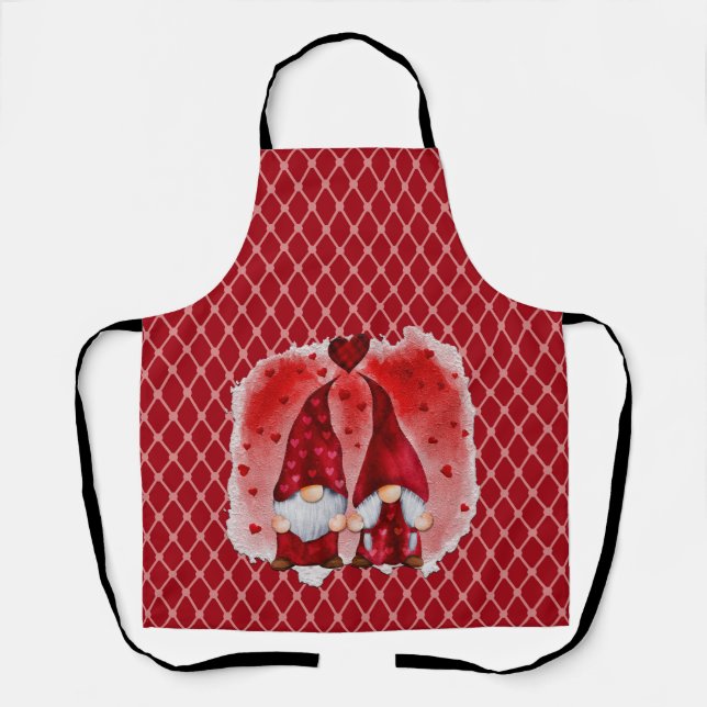 All-Over Pink on Red Hearts Gnome Kitchen Apron (Front)