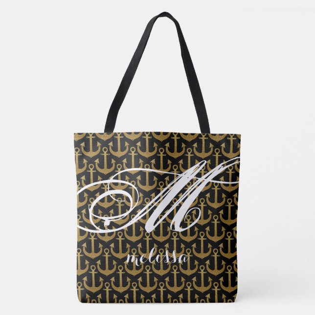 all-over-print black large tote bag with anchors (Front)