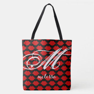 all-over-print black large tote bag with red lips
