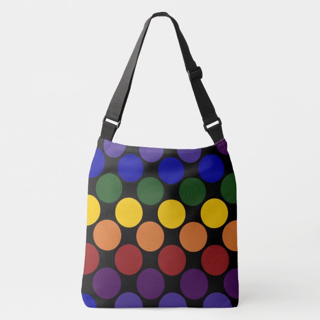 All-Over-Print Bold Rainbow Polka Dots on Black Crossbody Bag (Front)