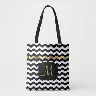 All Over Print Gold, White & Black Chevron Design Tote Bag