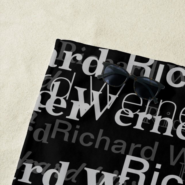 All-Over-Print Repeating Name Black&White Modern Beach Towel (In Situ)