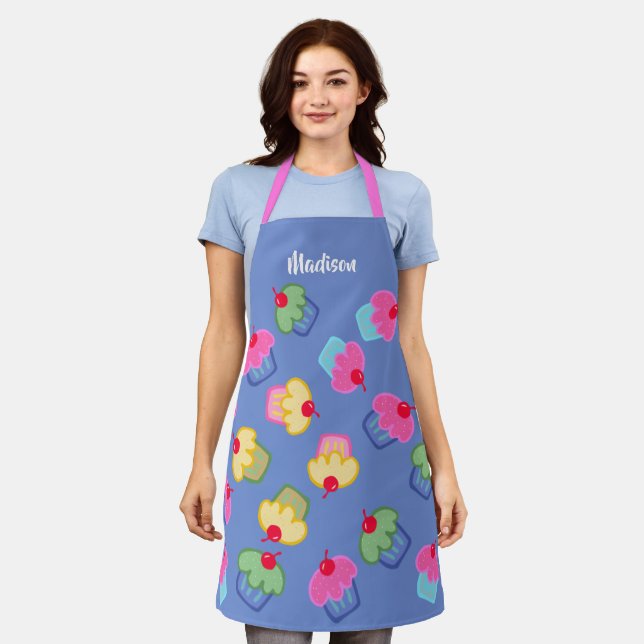 All over print yummy cupcakes, on blue, your name apron (Worn)