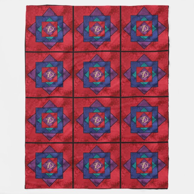 All Over Quilt Square Monogram Fleece Blanket (Front)