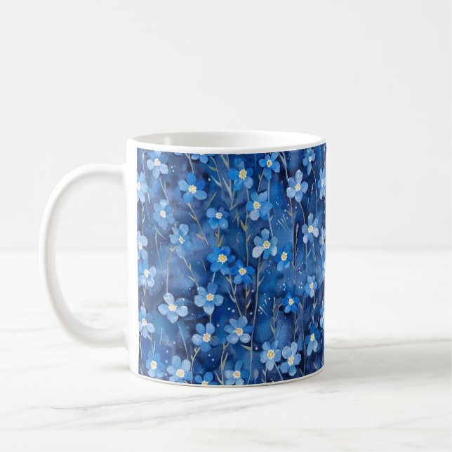All Over Shades of Blue Floral Pattern Coffee Mug (Left)
