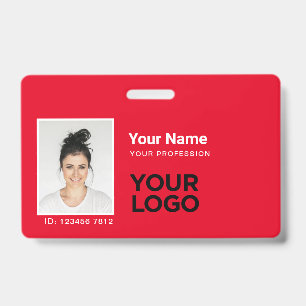 All Red Employee Photo Bar or Qr Code Logo ID Badge