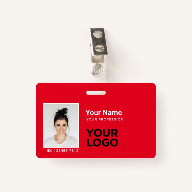 All Red Employee Photo Bar or Qr Code Logo ID ID Badge (Front with Clip)