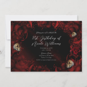 All Red Roses & Skulls Dark Floral Birthday Party  Invitation