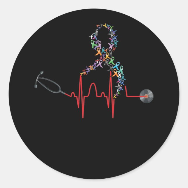 All Ribbon Cancer Awareness Day Heartbeat Classic Round Sticker (Front)