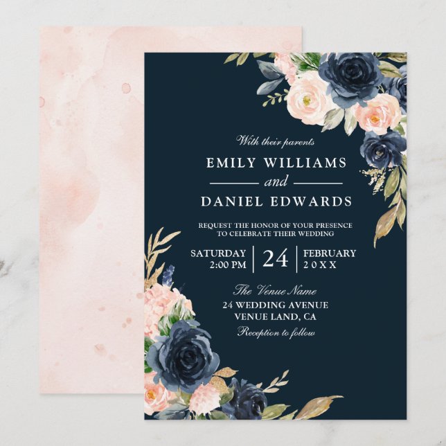 All Seasons Navy Blush Botanical Floral Wedding Invitation (Front/Back)