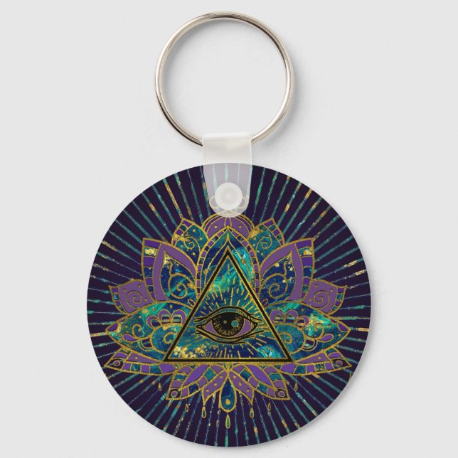 All Seeing Mystic Eye in Lotus Flower Key Ring (Front)