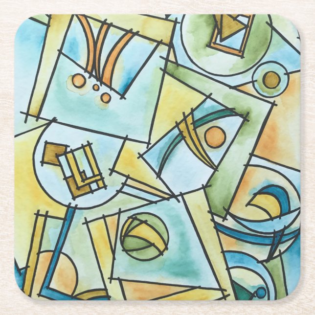 All Shapes And Sizes-Hand Painted Modern Geometric Square Paper Coaster (Front)