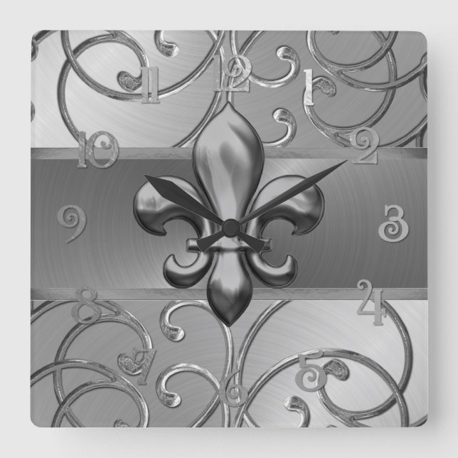 All Silver Filigree Swirls Fleur de Lis Square Wall Clock (Front)