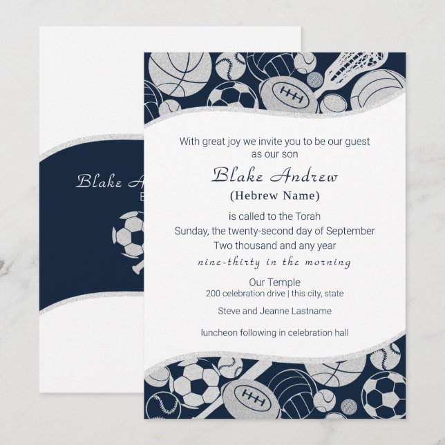 All Sports Bar Mitzvah Silver Blue Invitation (Front/Back)