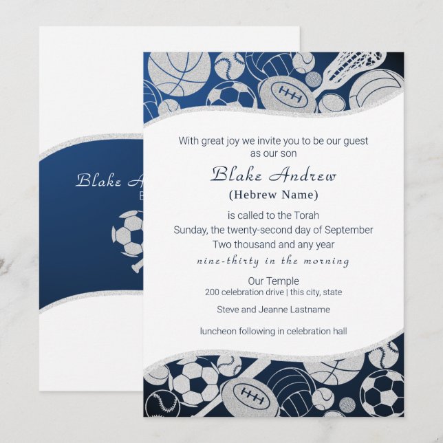All Sports Bar Mitzvah Silver Blue Invitation (Front/Back)