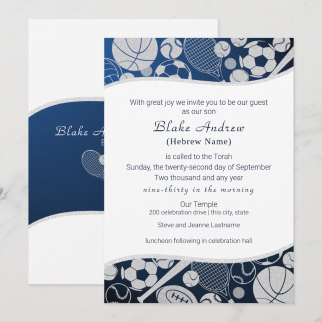 All Sports Bar Mitzvah Silver Blue Invitation 2 (Front/Back)