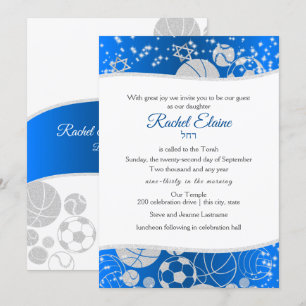 All Sports Bat Mitzvah Silver and Blue Invitation