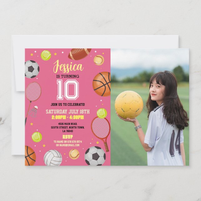 All Sports Birthday Football Soccer Photo Girls Invitation (Front)