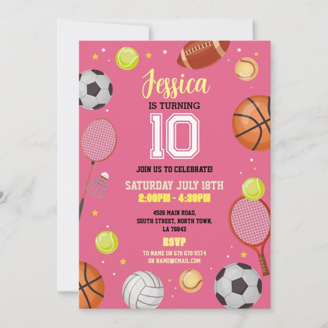 All Sports Birthday Football Soccer Pink Girls Invitation (Front)