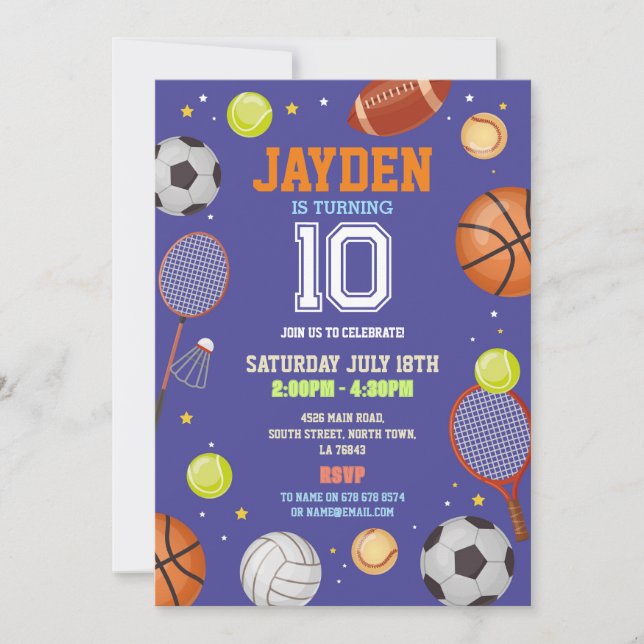 All Sports Blue Birthday Party Football Soccer Invitation (Front)