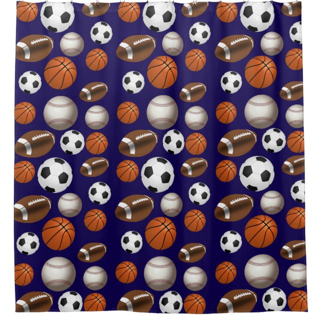 All Star Assorted Sports Balls Navy Blue Shower Curtain (Front)