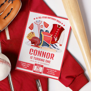All Star Athlete Baseball Red Sports Birthday Invitation