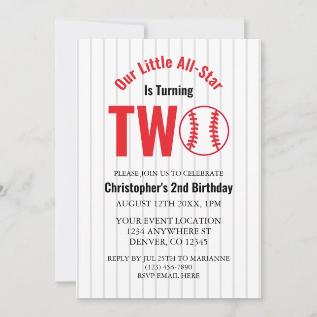 All-Star Baseball 2nd Birthday Invitation (Front)